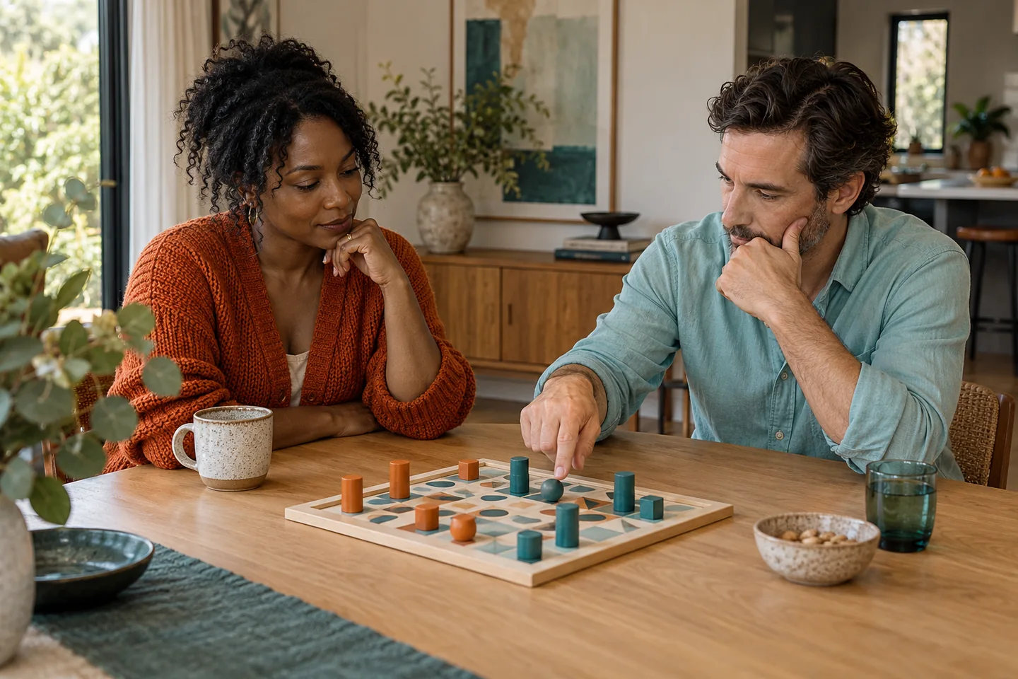 Two adult players studying a game from opposite sides of a table