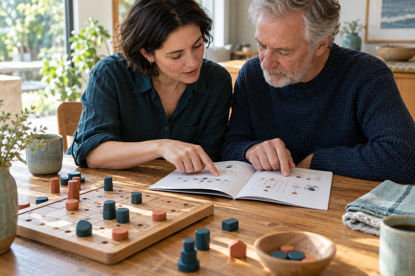 A booklet and game pieces laid out for careful rule reading